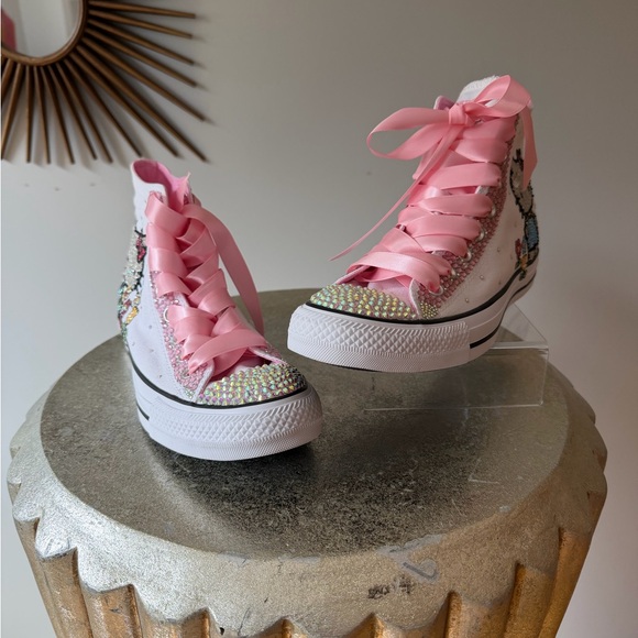 Converse - Hello Kitty White and Pink Bedazzled High-Top Sneakers - Picture 3 of 16